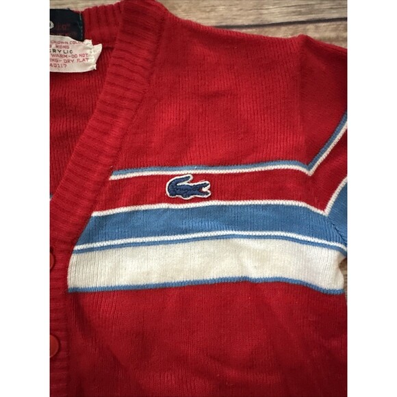VINTAGE Lacoste Sweater kids 5 Red Izod 70s 80s Cardigan Crocodile USA Stripe - Picture 3 of 7
